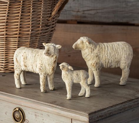 set of three aged sheep Dimensions Item Height 6.5" Item Length 8.46" Item Width 3.54" Rustic Farmhouse Living Room Decor Farm Houses Country Style, European Cottage Kitchen, Classy Farmhouse Decor, Vintage Farmhouse Christmas, French Wine Labels, Sheep Wall Art, Farmhouse Tabletop, French Country Collections, Country Candle