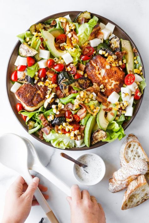 Corn Zucchini Salad, Halloumi Avocado, Cooking Halloumi, Pine Nuts Salad, Corn Zucchini, Halloumi Cheese, Blt Salad, Yummy Salads, Homemade Gnocchi