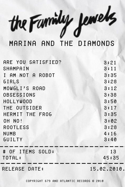 Hermit The Frog, Album Receipt, Marina And The Diamonds, Atlantic Records, Family Jewels, Music Mood, Black And White Posters, Music Film, Music Albums