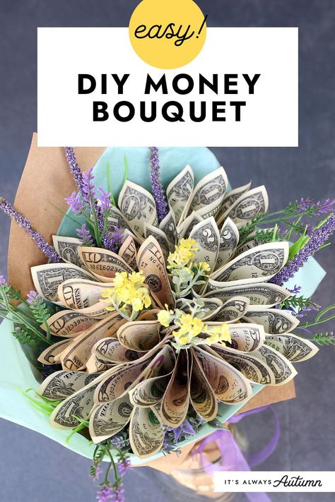 Dollar Bill Flower Bouquet, Diy Graduation Bouquet Ideas, Easy Money Gift Ideas, Graduation Bouquets Ideas, Grad Present Ideas, Dance Recital Gifts Diy Ideas, How To Make Money Bouquet For Graduation, Dollar Roses Bouquet, Money And Candy Bouquet