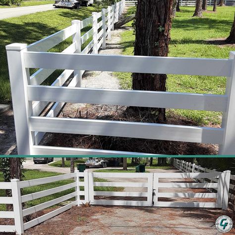 Carter Fence Company | Residential, Commercial Fence Contractor SWFL Ranch Fencing Ideas, Farm Fence Ideas, Ranch Style Fence, House Fencing, Ranch Fence, Commercial Fence, Driveway Entrance Landscaping, Ranch Fencing, White Vinyl Fence