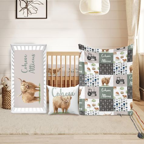 PRICES MAY VARY. ✨Personalized Comfort for Your Nursery - Our 3-piece baby crib bedding set features a unique highland cow theme that can be customized with your baby boy's name, creating a personal touch to their nursery and a memorable keepsake. 🛏️All-in-One Nursery Solution - [Product Include: Baby Blanket x1, Standard Crib Fitted Sheet x1, Pillowcase x1] This crib bedding set provides everything you need to create a cozy, stylish sleeping environment for your newborn boys or girls. ❤️Premiu Highland Cow Nursery Theme, Cow Themed Nursery, Farmhouse Nursery Ideas, Newborn Bedroom, Highland Cow Nursery, Highland Cow Baby, Cow Nursery, Country Pillows, Country Baby Shower