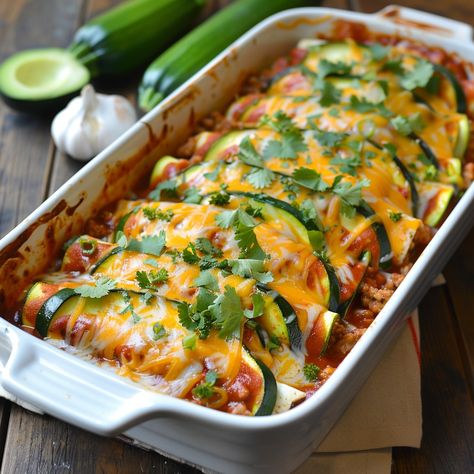 🌱🦃 Enjoy a healthier twist with our Turkey Zucchini Enchilada Casserole! #HealthyEats #EnchiladaCasserole Turkey Zucchini Enchilada Casserole Ingredients: Ground turkey (1 lb) Zucchini (2, thinly sliced) Enchilada sauce (1 can) Shredded cheese (2 cups) Onion (1, diced) Garlic (2 cloves, minced) Olive oil (1 tbsp) Salt and pepper (to taste) Instructions: Preheat oven to 375°F (190°C). Sauté onion and garlic in olive oil until soft. Add ground turkey, cooking until browned. Season with salt... Zucchini Enchilada Casserole, Garlic In Olive Oil, Turkey Zucchini, Turkey Cooking, Zucchini Enchiladas, Turkey Enchiladas, Instagram Recipes, Twisted Recipes, Healthy Casseroles