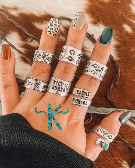 Diy Western Rings, Metal Stamping Rings, Western Accessories Rings, Stamped Rings Ideas, Western Style Turquoise Ring Stamped 925, Metal Stamped Rings, Western Stamped Rings, Stamped Rings Ideas Western, Ring Stamping