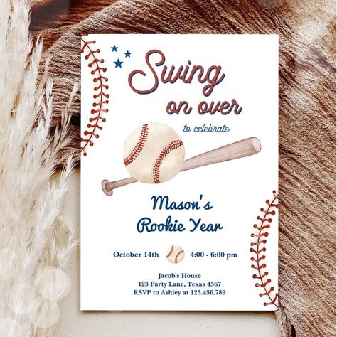 Rookie Of The Year First Birthday Invite, Rookie Of The Year First Birthday, Baseball Birthday Invitations, Baseball Invitations, Baseball First Birthday, Sports Birthday Invitations, Rookie Of The Year, Baseball Party, Baseball Birthday