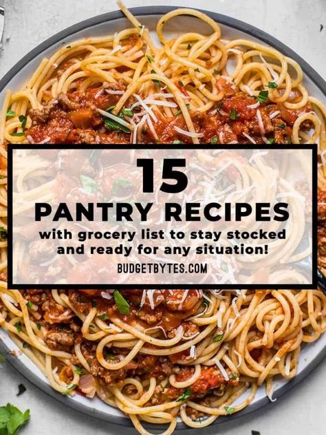 15 pantry recipes made using shelf stable and freezer ingredients with a grocery list so you can stay prepped and ready to cook in any situation! BudgetBytes.com Pantry Recipe, Teriyaki Chicken And Rice, Sweet Chili Chicken, Pantry Recipes, Budget Bytes, Clam Recipes, Emergency Food, Frugal Meals, Recipe Roundup