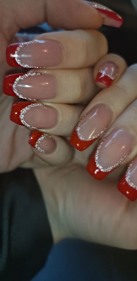 Red Nail Designs For Hoco, Red Nail For Prom, Red And White Nails Prom, Nail Art Designs Red And Silver, Red Sparkly Prom Nails, Red French Tip With Silver Line, Nails With Red Prom Dress, Red Nails Silver Tips, Nails To Go With A Red Prom Dress