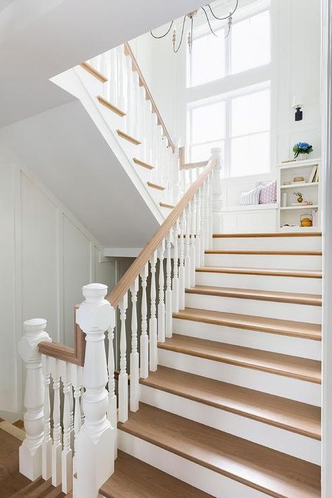 Baddie Bedroom, White Staircase, Light Gray Cabinets, White Stairs, Wood Railing, Wood Staircase, European Farmhouse, Entrance Foyer, Wooden Staircases