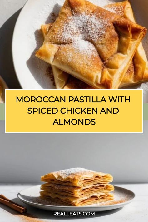 Moroccan pastilla with spiced chicken and almonds, dusted with powdered sugar, on a plate. Moroccan Pastilla, Moroccan Desserts, Almond Chicken, Spiced Chicken, Ginger Nut, Blanched Almonds, Chicken Spices, Ground Turmeric, Pastry Brushes