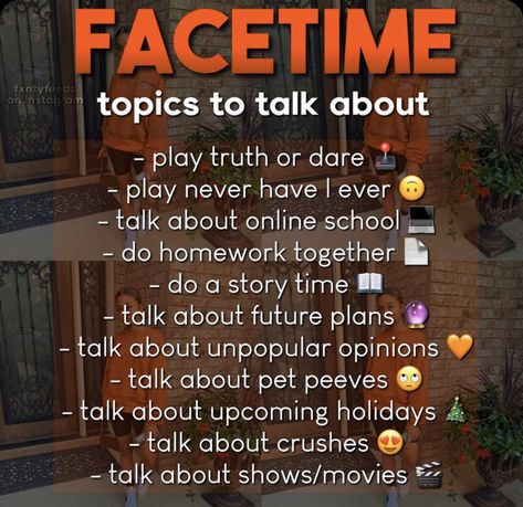 Serious Talks With Boyfriend, Topics To Talk To Your Boyfriend About, Stuff To Talk About On Facetime, What To Talk About With Your Crush Texts, Thing To Do On Facetime, Things To Talk About With Your Boyfriend On Facetime, Facetime Topics, Things To Talk About With Your Crush On Facetime, What To Talk About On Facetime