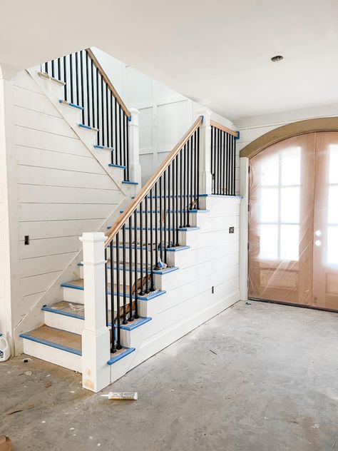 Shiplap Stairs, Wall Staircase, Built In Shelves Living Room, Shelves Living Room, Stair Railings, Panel Wall, Built In Shelves, Stair Railing, Small Home