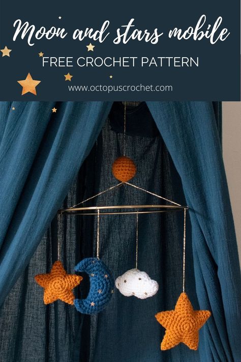 Dreamy and classy crochet mobile with delicate strands of golden angel hair and sparkling stars sequins. The perfect mobile for your baby room. This free crochet pattern makes a great gift for a baby shower or a nice project for your own nursery. You could also use the ornaments separately in other projects, like the stars for Christmas, or the cloud and moon for another sky-theme mobile or even a garland. #babymobile #crochetmobile #babyroom #nursery #decoration #crochetornament Crochet Baby Mobiles, Stars Baby Mobile, Crochet Nursery Decor, Baby Mobil, Crochet Mobile, Crochet Nursery, Moon Pillow, Crochet Decrease, Baby Mobiles