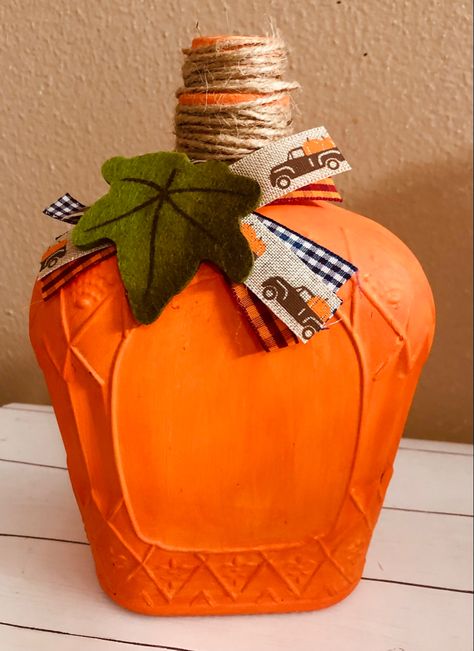 glass-bottle-orange-pumpkin-fall-decor Crown Royal Bottle, Pumpkin Painted, Crown Bottle, Liquor Bottle Crafts, Fall Pumpkin Crafts, Fall Decor Diy Crafts, Diy Crown, Halloween Crafts Decorations, Wine Bottle Diy Crafts