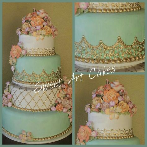 Mint green and gold icing with gumpaste flowers. Gold Icing, Gold Quinceanera Theme, Quince Cake, Quinceanera Cakes, Gumpaste Flowers, Garden Cakes, Quinceanera Ideas, Quinceanera Themes, Baptism Cake