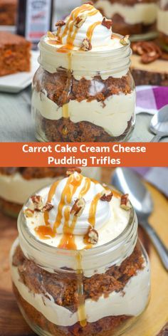 Easter, and even Spring, is synonymous with sweets. There’s nothing more indulgent and perfect for the season than these Carrot Cake Cream Cheese Pudding Trifles. Layers of soft, fluffy carrot cake and rich cream cheese pudding are topped off with a generous dollop of whipped topping, a drizzle of caramel sauce, and a sprinkle of chopped nuts.#carrotcake #dessert #easterdessert Carrot Cake Banana Pudding, Carrot Cake Cheesecake Trifle, Carrot Cake Parfait, Carrot Cake Dessert Cups, Carrot Cake Trifle Recipes, Layered Cup Desserts, Carrot Cake In A Jar, Carrot Cake Cups, Carrot Cake Pudding