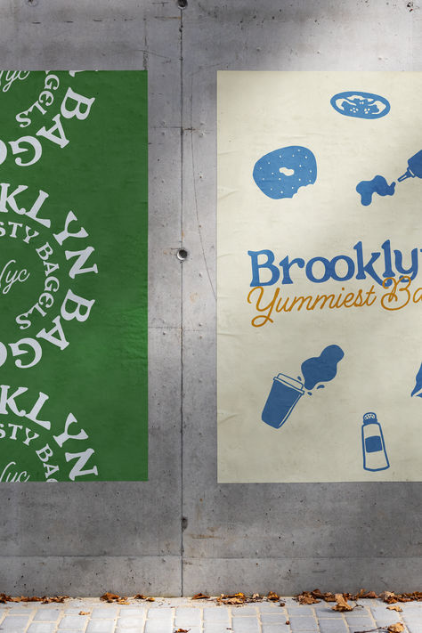 The yummiest bagels in New York City! These poster designs are so unique and equally as fun to make!   What was your favourite part of this project? Bagel Company, Bagel Cafe, New York Bagel, Brunch Dishes, Brand Assets, The Font, Poster Designs, Bagels, Colour Palette