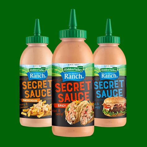 Hidden Valley Is Coming Out With A Line Of Sauces So You Can Put Ranch On Anything | A ranch for EVERY occasion. Secret Sauce Recipe, Taco Mix, Hidden Valley Ranch, Bottle Design Packaging, Food Png, Grocery Foods, Gadgets Kitchen Cooking, Healthy Groceries, Hidden Valley