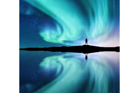 Northern lights and a man by den-belitsky on @creativemarket Man Stock Photo, Wave Background, Southern Lights, Aurora Australis, Northern Light, Waves Background, Breathtaking Places, See The Northern Lights, Places In Europe