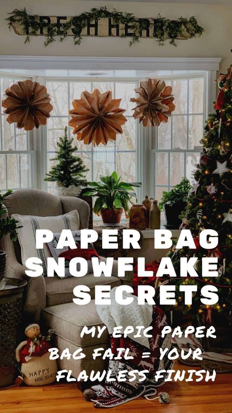 Diy Paper Snowflakes Pattern, Paper Bag Snowflakes, Make Paper Bag, Bag Snowflakes, Christmas Window Boxes, Snowflakes Paper, Paper Snowflake Patterns, Paper Snowflakes Diy, Diy Paper Bag