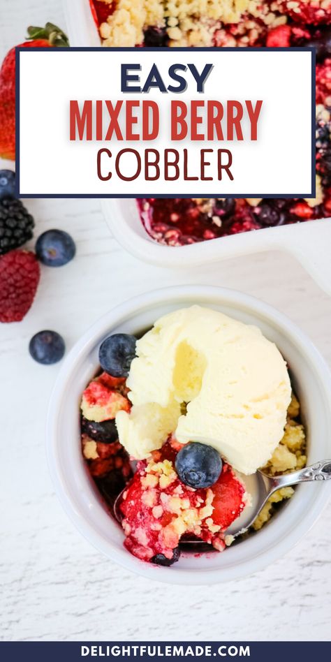 Our Easy Mixed Berry Cobbler is made with strawberries, blackberries and blueberries are baked together and with a simple cake mix crumble. Just 3 ingredients are all you need to make this berry cobbler with cake mix. A great last-minute dessert that’s wonderful served warm over ice cream! This mixed berry cobbler recipe can be made as quick as it takes to preheat your oven. Way better than any cake mix dump cake recipe, this dump cake is made in a way that creates the perfect crumble topping. Mixed Berry Cobbler, Berry Cobbler Recipes, Blueberries And Raspberries, Berry Cobbler, Blackberry Cobbler, Peach Cobbler Easy, Quick Dessert, Fruit Cobbler, Dessert Simple