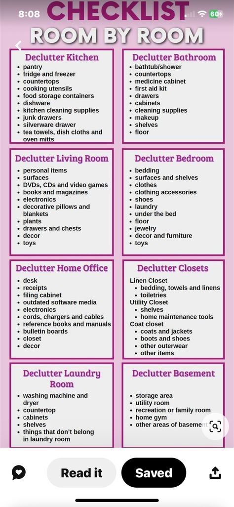 Closet Cleaning Checklist, Home Appliances List, Basic Cleaning Checklist, Whole House Cleaning Checklist, Declutter Living Room, Deep Cleaning House Checklist, Office Decluttering, Declutter Bathroom, Clean Room Checklist