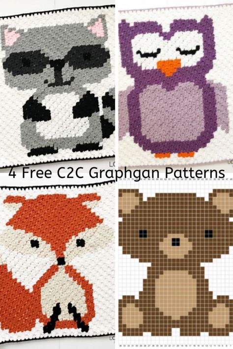 4 Free C2C Graphgan Patterns Featuring Woodland Animals (Raccoon, Fox, Owl & Bear) #babyblanket #crochetblanket #crochetgraphghan #crochetc2c #c2ccrochetpattern #c2ccrochetblanket #dailycrochet #freecrochetpatterns Single Crochet Graphgan Patterns Free, Graphgan Patterns, C2c Graphgan, C2c Patterns, Crochet Graphgan, Owl Bear, Crochet C2c Pattern, C2c Crochet Pattern Free, C2c Crochet Blanket