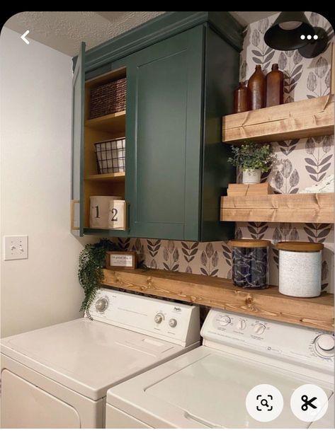 Laundry Wood Shelves, Laundry Room Cabinet Colors Farmhouse, Masculine Laundry Room, Modern Vintage Laundry Room, Laundry Room Green Cabinets, Laundry In Bathroom Ideas, Open Laundry Room Ideas, Sage Laundry Room, Laundry Shelf Over Washer