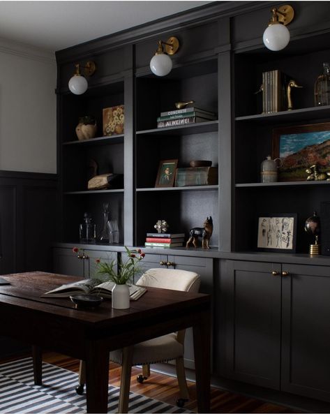 Black Built Ins, Bookshelves Office, Built In Bookshelves, Black Bookshelf, Black And White Office, Texas House, Black Office, Boise Idaho, Texas Homes