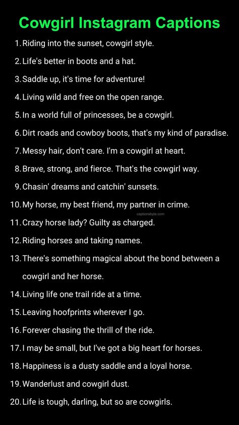 Cowgirl Captions for Pictures Western Insta Captions, Rodeo Quotes, Cowgirl Quote, Western Quotes, One Word Instagram Captions, Cowgirl Quotes, Witty Instagram Captions, Instagram Captions For Selfies, Clever Captions