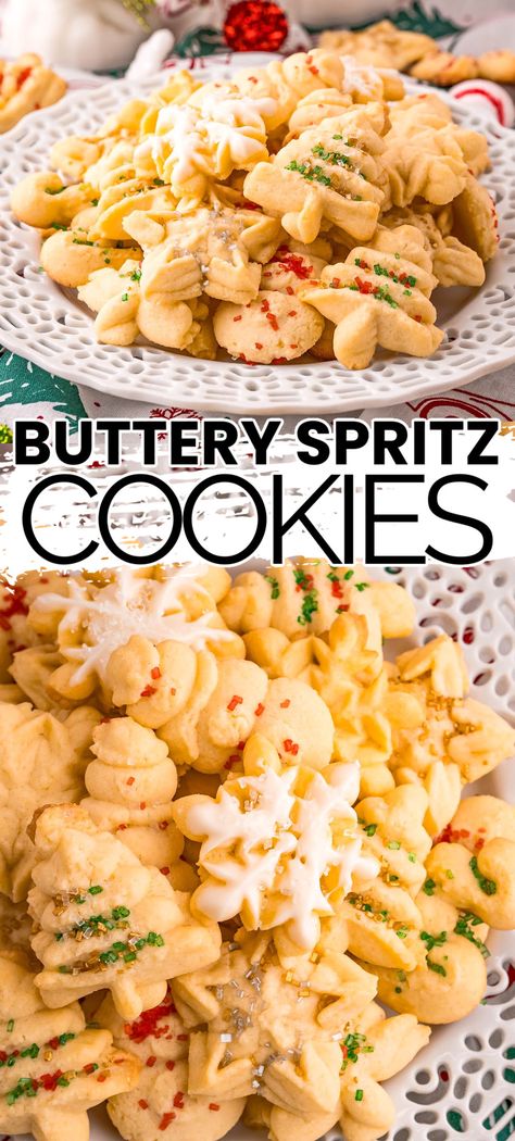 Is it even the holiday season if you don't have buttery Spritz Cookies? These simple, traditional cookies taste as festive as they look! #BreadBoozeBacon #spritzcookies #spritz #cookies #cookiepress #christmascookies #cookieexchange #cookieswap #dessert #christmas Anise Spritz Cookies, Spitz Cookies, Spritzer Cookies, Buttery Spritz Cookies, Butter Spritz Cookies, Cookie Press Recipes, Christmas Spritz Cookies, Traditional Cookies, Spritz Cookie Recipe