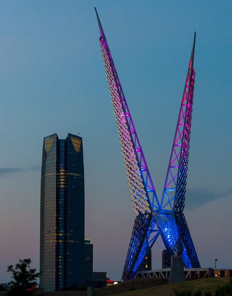 Downtown OKC - the new pedestrian bridge and the new Devon Tower. Okc Wallpaper, Downtown Okc, Roots And Wings, Okc Thunder, Snap Friends, Pedestrian Bridge, Canvas Ideas, Kevin Durant, Tattoo Inspo