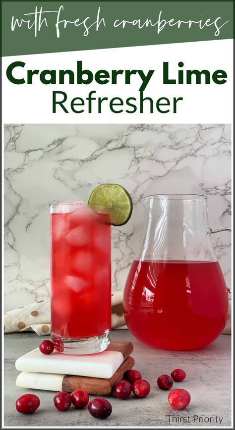 This cranberry lime refresher is a refreshing drink made with fresh cranberries and lime juice. It's perfect for a holiday party or any time. Cranberry Water Recipe, Cranberry Water, Cranberry Drinks, Lime Drinks, Mocktail Drinks, Fresh Cranberry, Healthy Woman, Lime Water, Clean Eating For Beginners