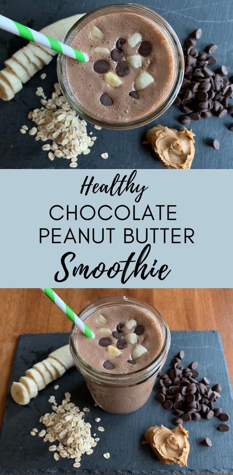 Healthy Chocolate Peanut Butter Smoothie - Barefoot In The Pines Healthy Chocolate Peanut Butter Smoothie, Healthy Chocolate Peanut Butter, Chocolate Banana Smoothie, Chocolate Peanut Butter Smoothie, Peanut Butter Banana Smoothie, Oat Smoothie, Peanut Butter Smoothie, Chocolate Oats, Chocolate Smoothie