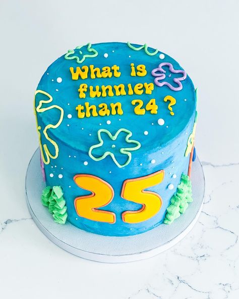 So happy I finally got asked to do this theme. Love that this random moment in SpongeBob has become a popular theme for a 25th birthday. Flavor: Almond cake with raspberry filling #whatsfunnierthan24 #spongebobfans #dallasbaker #dfwcakes #dallaseventplanner #spongebobbirthday #25thbirthday 25th Bday Cakes For Him, Quarter Century Birthday Cake, 25th Birthday Cake For Him Boyfriends, 25 Birthday Cake Funny, Spongebob 25 Birthday Cake, 25th Birthday Cake For Him, 25 Birthday Theme, Almond Cake With Raspberry Filling, 25 Birthday Cake