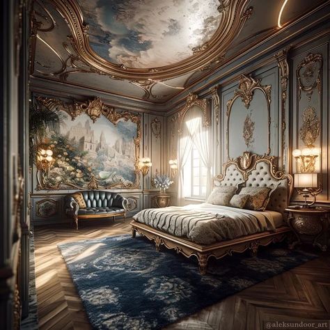 French Castle Interior, Bedroom Lake House, Green Bedroom Aesthetic, Bedroom Relaxing, Bedroom Castle, Mansion Bedroom, Lake House Bedroom, Dark Blue Bedrooms, Royal Room