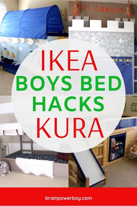 IKEA KURA Hacks that your boys will love. There are fire truck beds, castle beds, climbing wall beds, tent beds, and more! #ikeahack #boysbedroom #ikeafurniturehacks Ikea Kura Bed Climbing Wall, Ikea Kura Tent Hack, Ikea Bed Tent, Kids Bedroom Ikea Ideas, Kura Bed Storage, Bedroom For 3 Boys, Bed Tents For Boys, Ikea Kids Bed Hack, Bed Tent Diy