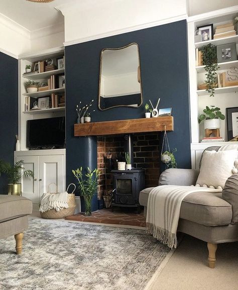 Mantle Beam, Alcove Ideas Living Room, Sage Green Living Room, Log Burner Living Room, Navy Living Rooms, Feature Wall Living Room, Snug Room, Victorian Living Room, Casa Country