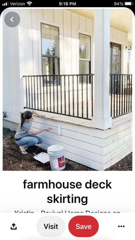 Farmhouse Porch Skirting Ideas, Farmhouse Underpinning Ideas, Front Porch Underpinning Deck Skirting, Painted Front Porch Railing, Exterior Skirting Ideas, Farmhouse Skirting Ideas Exterior, White House Deck Ideas, Front Deck Remodel, Front Porch Uncovered