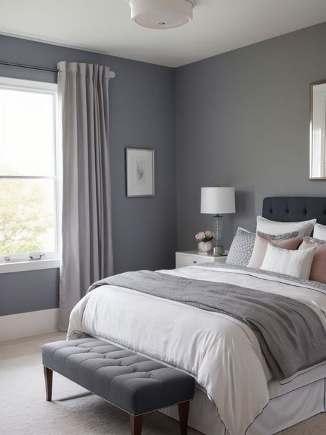 Grey And Blush Bedding, Adult Room Ideas Bedrooms, Grey Blue Bedroom, Bedroom Inspirations Grey, Adult Room Ideas, Grey Bedroom Colors, Blush Bedroom, Blue Gray Bedroom, Grey Accent Wall