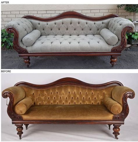 Antique Sofas, Modern Victorian Couch, Victorian Couches, Antique Sofa Makeover, Antique Sofa Living Room, Georgian Sofa, Sofa Victorian Style, Victorian Couch Reupholster, Victorian Farmhouse Interior