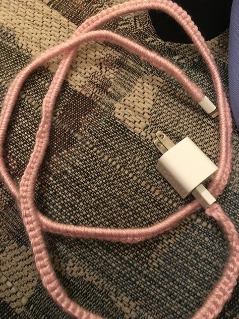 Charger Cord Cover made using single crochet. I didn't use a pattern, but I've linked one to this in case someone needs instructions to make this. How To Crochet A Charger Cover, Crochet Phone Charger Cords, Crochet Charger Cover, Crochet Cord Cover, Crochet Charger Cord, Chocolate Pizza, Crafts Homemade, Crochet Cord, Phone Chargers