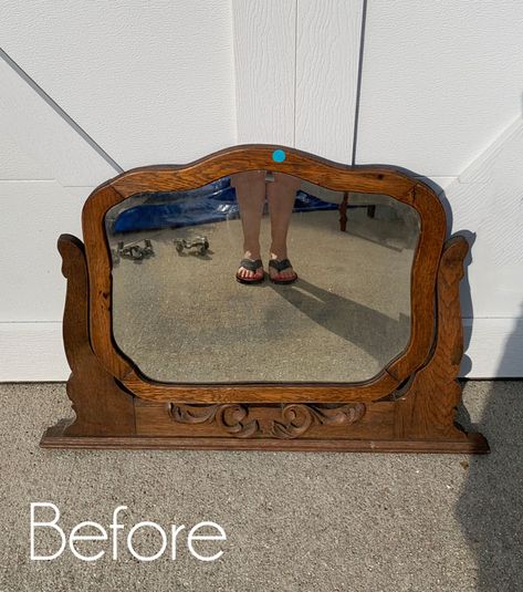 Decorating With Antique Mirrors, What To Do With Old Mirrors Ideas, Antique Mirror Frame Repurposed, Vintage Dresser Mirror, Repurposed Vanity Mirror, Old Mirror Frame Repurpose, Buffet Mirror Ideas, Antique Vanity Mirror Repurposed, Upcycled Dresser Mirror