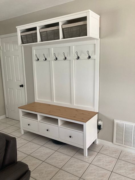 Mudroom Ideas Ikea Hacks, Ikea Hack Coat Closet, Ikea Mudroom Bench Hack, Entry Way Bench Ikea Hack, Ikea Hack Coat Rack Entryway, Ikea Wardrobe Entryway, Hall Tree Ikea Hack, Boot Room Ikea, Ikea Entrance Hall Ideas