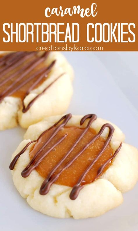 Caramel Shortbread Cookies - Tender buttery shortbread topped with gooey caramel and drizzled with chocolate. It doesn't get much better than that! #twixcookies #caramelshortbread #shortbread #chocolatecaramel -from Creations by Kara Caramel Delight Cookies, Shortbread Cookies Caramel, Caramel Drizzle For Cookies, Cookies With Carmel In The Center, Christmas Cookies With Carmel, Shortbread Caramel Cookies, Caramel Shortbread Cookies, Cookies With Kraft Caramels, Caramel Biscuits Recipe