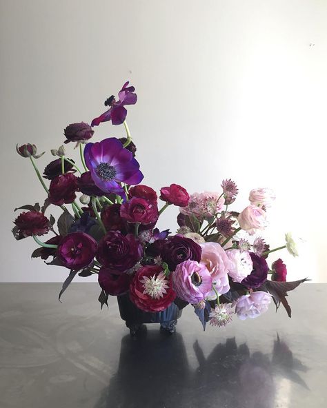 Like the gradient idea. Would like something less pink. Love the dark purple anemone and ranunculus. Description from op: Natural, garden style, purple ombre floral arrangement centerpiece of wine anemones, purple ranunculus, astrantia, and weigelia foliage   #wildgreenyonder #flowers #dsfloral #dscolor #purple #purpleflowers #centerpiece #gardenstyle #fineartflowers #virginiaflorist #virginiaflowers #vaflorist #vaflowers #vafloraldesigner #ranunculus #astrantia #anemone #gradients #ombrecolor Purple Wedding Florals, Ranunculus Centerpiece, Purple Ranunculus, Ranunculus Arrangement, Dark Purple Wedding, Purple Flower Arrangements, Purple Centerpieces, Purple Wedding Inspiration, Dark Purple Flowers