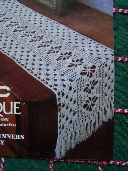 1986 Vintage DMC Cotton Thread Filet crochet table runners and doily patterns. 2 sizes of table runners and 1 doily. More back issue craft magazines f Crochet Table Runners, Crochet Table Topper, Crochet Table Runner Pattern, Crochet Table, Crochet Table Runner, Table Runner Pattern, Crochet Doily Patterns, Crochet Tablecloth, Doily Patterns