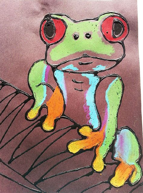 Tree Frog Oil Pastel - Frog Art Project, Tree Frog Art, Animal Art Projects, Glue Art, Spring Things, 4th Grade Art, Art Projects For Kids, 3rd Grade Art, Classroom Art Projects