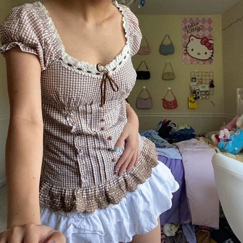 Very cutesy tops for under $9.99 🎀✨️ LINK IN BIO !!! {tags #coquette #shop #shopify #tiktokseller #fashion #cutetops } Hem Tshirt, Y2k Kawaii, Milkmaid Top, Vintage Coquette, Dream Outfits, Plaid Sleeve, Collars For Women, Size Pattern, Top Women