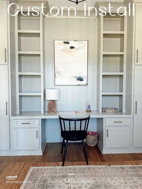 These built ins are a dream! I use this as my office space & it has highly changed my functionality! Paint color : SW Sensible Hue Office In Mudroom, Sw Sensible Hue, Built In Desk And Shelves Office, Sensible Hue, Hannah House, Office With Daybed, Nook Office, Built In Desk And Shelves, Office And Guest Room