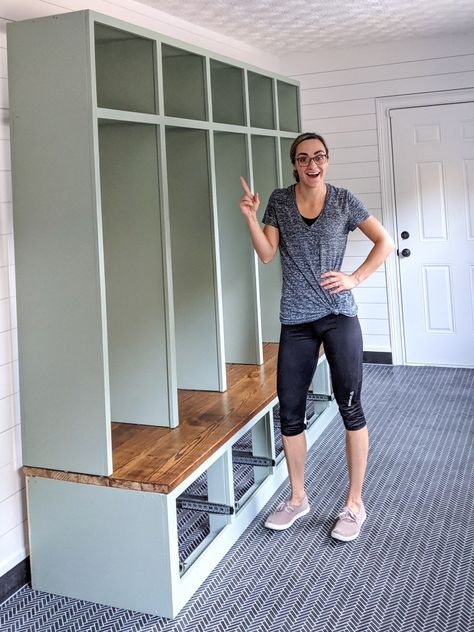 MUDROOM WEEK 5: Built-In and Bursting with Value Mudroom Built Ins Diy, Mudroom Shelving, Mudroom Built Ins, Shelving Garage, Jeffrey Court, Sweat Equity, Pocket Screws, Angle Bracket, Trim Work